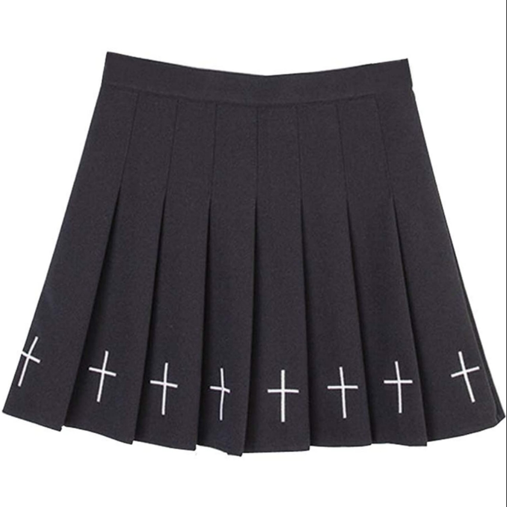 Punk Cross Embroidery Skirts Pleated Women High Waist Mini Skirts Cross Female B